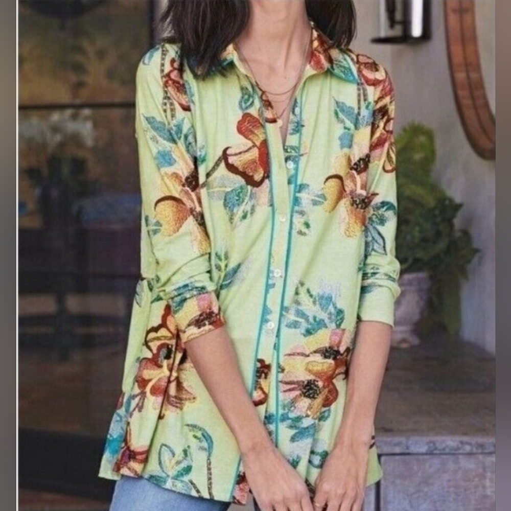 Soft Surroundings Elena Floral Cotton Tunic Top Medium Button Front - Picture 2 of 15